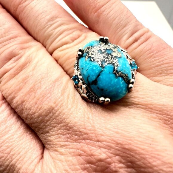 Estate Designer DJOY Turquoise Blue Topaz Sterling Silver Statement Ring Size 9 - Picture 2 of 11